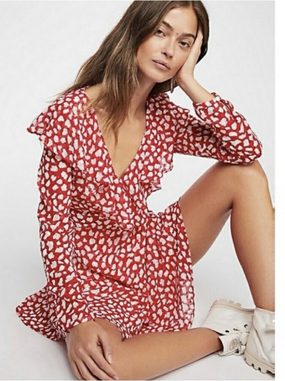 Free People Frenchie Red and White Mini  Wrap Dress